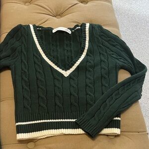 Altar'd State Dark Green V-Neck Sweater with White Trim